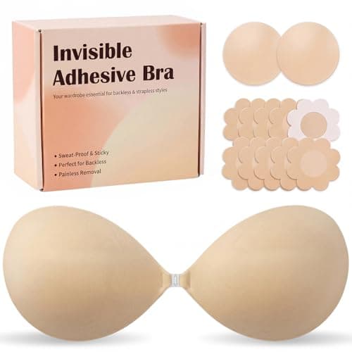 Reusable Strapless Sticky Bra for Cleavage Lift, No Show Invisible Backless Adhesive Push Up Bra with Nipple Covers for Women Nude D - Image 1