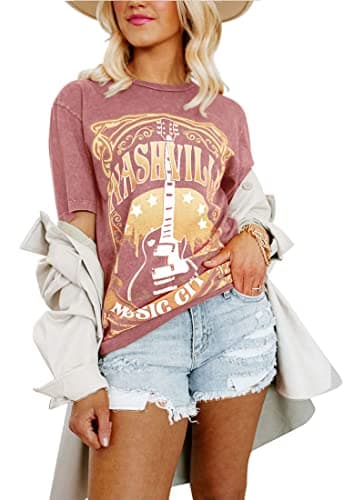 Binshre Womens Nashville Shirts Country Music Concert Tshirts Distressed Graphic Short Sleeve Tees for Women Pink M - Image 1