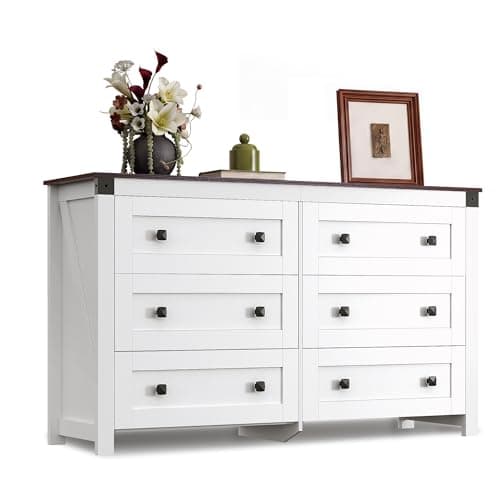 GALAXHERO Farmhouse TV Stand, 53.07'' Wide 6-Drawer Wood Storage Unit, with Double Rustic Handle, TV Console for 60 inch TV, Modern Storage Organizer for Living Room, Office, White - Image 1