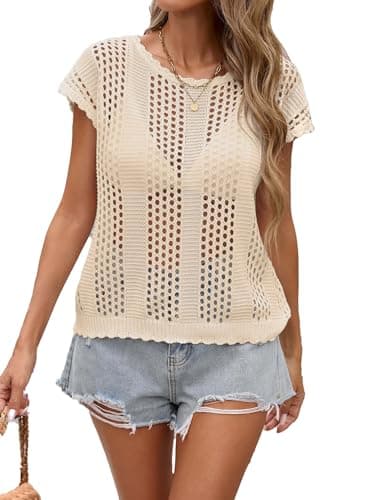 BreathSunny Womens Crochet Knit Swimsuit Coverup T Shirt Vest Summer 2026 Crew Neck Hollow Out Cap Sleeve Mesh Swimwear Beach Swim Bikini Bathing Suit Cover Up Tank Top for Women Apricot S - Image 1
