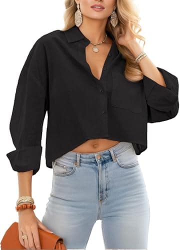 JINKESI Button Down Shirts & Blouses for Women Long Sleeve Slim Fit Office Casual Business with Pocket 100% Cotton Black - Image 1