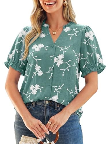 Simplee Womens Button Down Puff Ruffle Short Sleeve Blouse Tops V Neck Summer Embroidered Dressy Casual Shirts Sage Green XL - Image 1