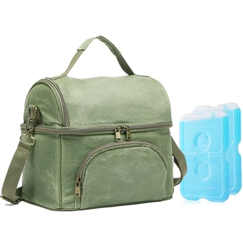 neatlife Men's London Green Lunch Box for Work with 2 XL Ice Packs, Sturdy Waxed Canvas Insulated Adult Lunch Bag, 2 Compartment 10.5L Soft Cooler Bag For Work, Picnic, Travel, Outdoors - Image 1