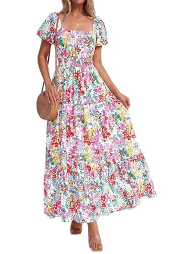 BTFBM Summer Dress for Women 2026 Spring Floral Short Sleeve Casual Flowy A-Line Smocked Tiered Maxi Dresses Pockets(Floral White Multicolor, Small) - Image 1