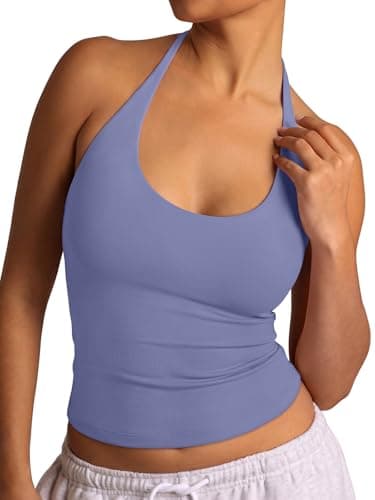 REORIA Women's Halter Tank Tops Basic Tie Scoop Neck Backless Double Lined Going Out Outfits Cute Summer Trendy Sleeveless Shirts English Manor Blue - Image 1