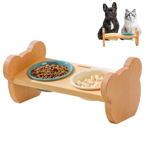 Raised Two 10 oz Ceramic Bowls Wooden Stand Set, 10° Tilted for Pets - Image 1