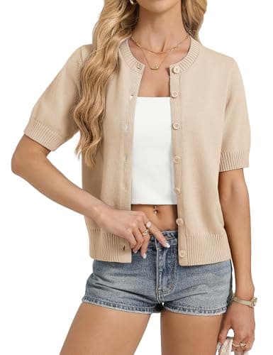 GRACE KARIN Women's Short Sleeve Cardigan, Plus Size Summer Lightweight Cardigans, Basic Button Down Ribbed Sweater Khaki - Image 1