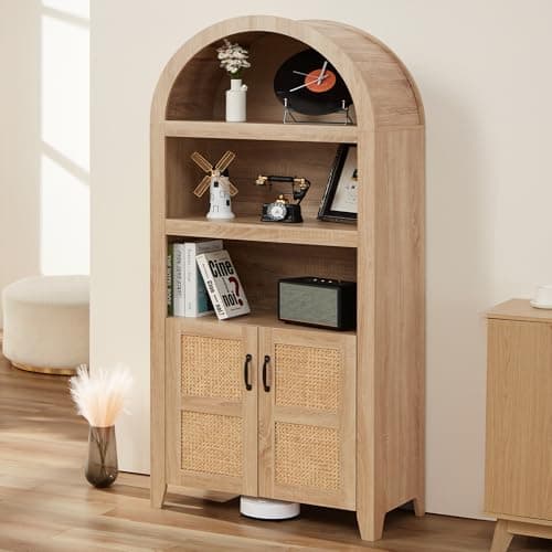 HABUTWAY 72'' Arched Storage Cabinet with Beech-Rattan Door, Tall Bookshelf with Adjustable Shelves, Modern Farmhouse Wooden Bookcase Kitchen Pantry Cabinet for Living Room, Natural - Image 1