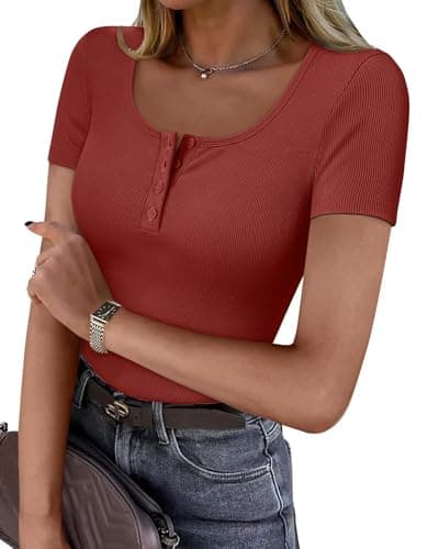 GKBK Womens Short Sleeve Tops Ribbed Henley T Shirts Basic Tee Cute Casual Spring Summer Fashion Clothes Wine Red XL - Image 1