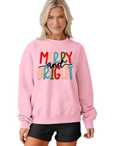 MAPICK Christmas Merry Sweatshirt for Women Fleece Linend Crewneck Casual Pullover Tops Xmas Sweaters for Women 2025(Pink,XX-Large) - Image 1