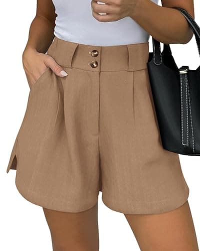 KIRUNDO Womens Shorts Dressy Casual 2026 Trendy Summer Elastic High Waisted Pleated Side Slit Business Work Shorts Pockets(Khaki, X-Large) - Image 1