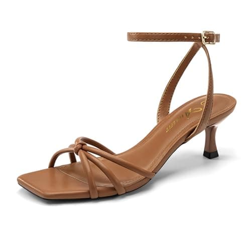 Athlefit Kitten Heels for Women Dressy Square Open Toe Brown Heels Strappy Low Heel Party Dress Summer Heeled Sandals Size 8 - Image 1