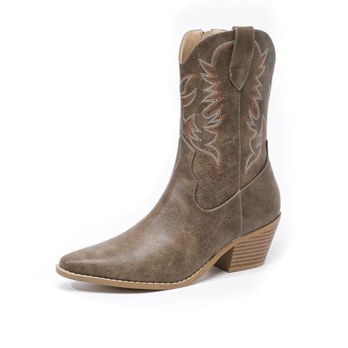Amoji Women Western Cowboy Boots Cowgirl Mid Calf Boots Pointed Square Toe Pull On FZD307 Brown Size 8 - Image 1
