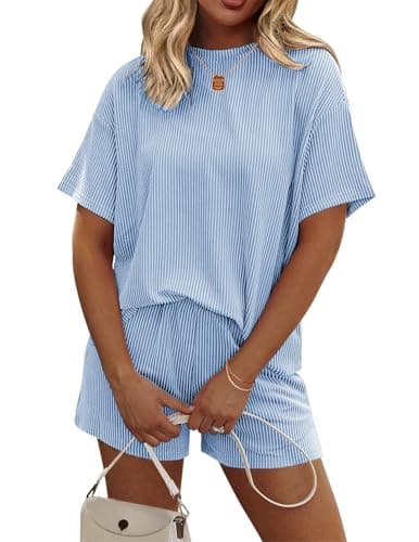 Ekouaer Womens Pajama Sets Short Sleeve Lounge Sets 2 Piece Tops and Shorts Cruise Outfits Matching Loungewear with Pockets Sky Blue - Image 1