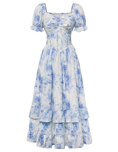 Scarlet Darkness Women Floral Cottagecore Dress Puff Sleeve Maxi Ruffled Corset Dress White Blue Floral S - Image 1