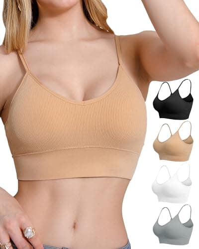 QDN Women's 4 Pack Seamless Bralette with Removable Padded Cups – Soft Wireless Support for Yoga, Lounge & Daily Wear (US, Alpha, Small, Regular, Regular, 4, Black/Nude/Grey/White) - Image 1