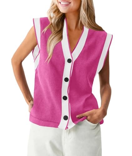 Saodimallsu Womens V Neck Sweater Vest Button Down Cap Sleeve Summer Trendy Color Block Loose Knit Tank Tops Rose Red - Image 1