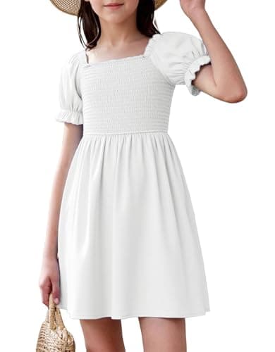 JiAmy Girls Dresses Summer Short Sleeve Ruffled Puff Sleeves Square Neck Smocked Casual Dress White 9-10 Years - Image 1