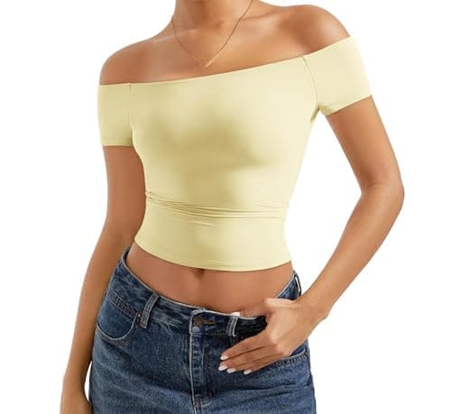 Women Double Lined Off The Shoulder Tops Sexy Summer Y2k Going Out Top Slim Fitted Basic Shirts Trendy 2025 Tank Tops Club Outfits Blusas Casuales De Mujer Bonitas Yellow - Image 1