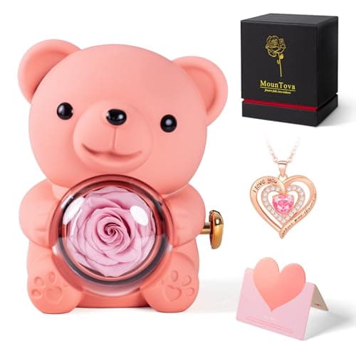 mountova Romantic Teddy Bear with Preserved Rose, Real Rose in Elegant Gift Box with Necklace for Women, Bear Roses Gifts for Mother's Day,Weddings,Valentine's Day,Anniversary,Birthday, Pink - Image 1