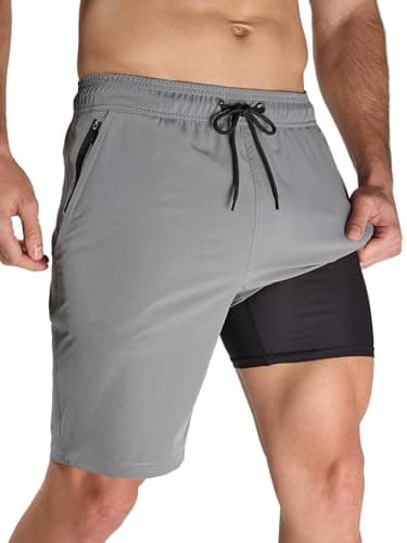 Arcweg Men's Swim Trunks Grey with Compression Liner and Zipper Pockets Quick Dry Bathing Suit Board Swimming Shorts Medium - Image 1