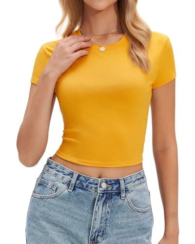 Stelle Womens Short Sleeve Crop Tops Crewneck Basic T Shirts Cute Going Out Baby Tee Yellow Medium - Image 1