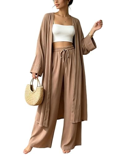 Joyfunear Women's Macthing Sets Long Cardigan and Pants Party Vacation Beach Cruise Two Piece Outfit With Drawstring Pockets Khaki X-Large - Image 1