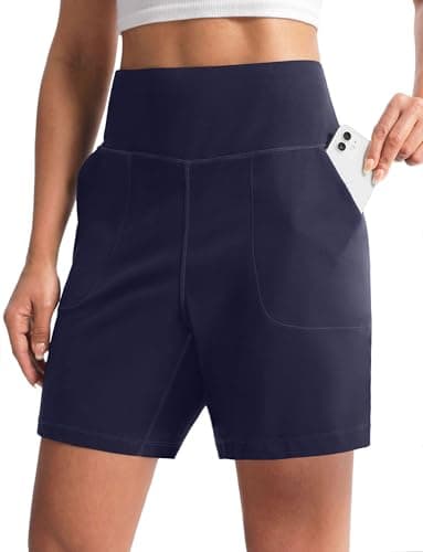 Cyasundent Women's Athletic Shorts with Zipper Pocket 6" High Waisted Bermuda Shorts for Women Workout Walking Running(Navy_XXL) - Image 1