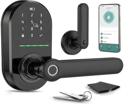 HEI LIANG Smart Door Handle with Biometric Fingerprint,Keypad Keyless Entry Door Lock for Front Door,5-in-1 Electronic Door Lock with App Control,Auto Lock,Reversible for Left/Right Hand,Deep Black - Image 1
