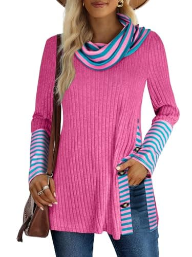 Miusey Tunic Sweaters for Women Long Sleeve Shirts Lightweight Pullover Sweater Christmas Sweatshirt Pink Green L - Image 1