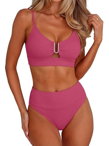 ANRABESS Bikini Sets for Women Summer High Waisted 2 Piece Bathing Suit Ribbed U-Wire Cutout Swimsuit Beach Vacation 2026 Deep Pink Small - Image 1