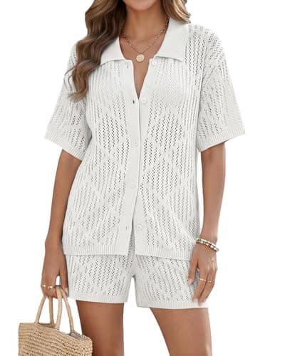 Womens Swim Cover Up 2 Piece Set Crochet Button Down Beach Shirt Drawstring Shorts Sets Summer Resort Wear Outfits White - Image 1