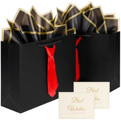 Teacher appreciation gift bags with Handles and tie,2 Pcs gift bags with 4Tissue Paper and 2 cards for fathers day gift bags Men Boys Birthday Party Graduations Wedding Gifts,(Medium black/red) - Image 1