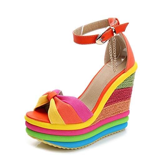 SaraIris Sandals for Women Gladiator Ankle Strap High Heel Platform Shoes Wedge Rainbow Sandals for Women Orange - Image 1