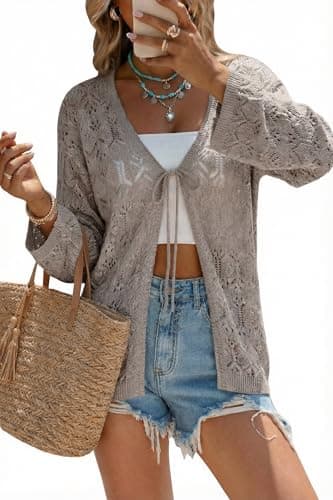 Arach&Cloz Women's Linen Blend Summer Crochet Cardigans Sweater Long Sleeve Lightweight Tie Open Front Lacey Knitted Sweater Boho Cover Up Beach Vacation Outfits Resort Wear Trendy 2026 Nutmeg XXL - Image 1
