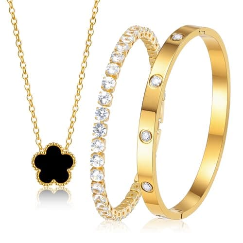 Gold Bracelets Necklace Jewelry Set - 3Pcs 18K Gold Plated Floral Bracelet,Waterproof Stainless Steel Bangles, Non-Tarnish Necklaces Daily Fashion Trendy Jewelry,Valentines Birthday Gift for Women - Image 1