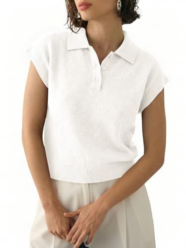 Saodimallsu Womens Cap Short Sleeve Sweater Top Summer Polo Shirts Button Collared Knit Business Casual Pullover Sweater White - Image 1