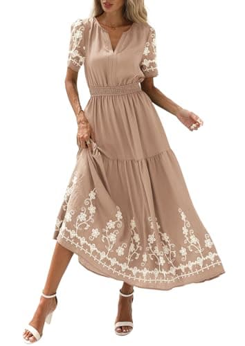 PRETTYGARDEN Women's Summer Boho Maxi Dress 2026 Spring Floral Short Sleeve V Neck A Line Flowy Beach Wedding Guest Dresses (Khaki,Medium) - Image 1