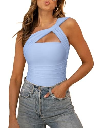 REORIA Womens Sexy One Shoulder Asymmetrical Tank Top Leopard Print Mesh Ruched Sleeveless Backless Trendy Going Out Thong Bodysuits Tops Nantucket Breeze Small - Image 1