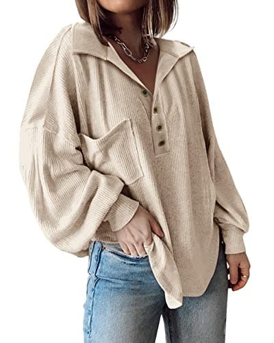 BTFBM Womens Fall Fashion 2026 Long Sleeve Shirts Casual V Neck Ribbed Knit Blouses Pullover Trendy Loose Fit Tunic Tops(Turndown Apricot, X-Large) - Image 1