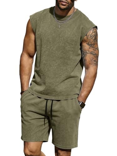 JEMLDL Men's 2 Piece Acid Wash Tank Tops and Shorts Lounge Lightweight Cotton Sweatsuit Fashion Clothing Set Olive XXL - Image 1
