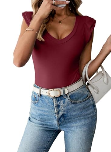 Sidefeel Womens V Neck Summer Tops Ruffle Sleeveless Slim Fit T Shirts Casual Blouses Burgundy X-Large - Image 1