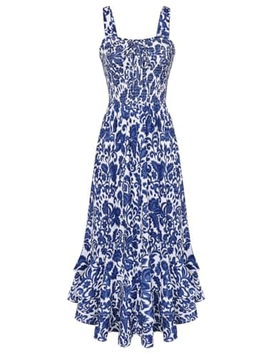 GRACE KARIN Women's 2026 Summer Floral Boho Dress Square Neck Strapped Swing A Line Sundress Beach Long Maxi Outfits Dark Blue 2XL - Image 1