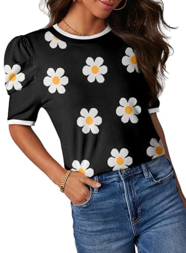 Dokotoo Summer Sweaters for Women 2026 Trendy Casual Black Pullover Puff Sleeve Crewneck Top Daisies Print Knit Tops Business Casual Outfits XX-Large - Image 1