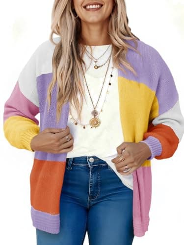 Saodimallsu Womens Boho Cardigans Colorful Long Sleeve Cardigan Open Front Sweaters Chunky Knit Coats Loose Fit 2025 Light Purple - Image 1