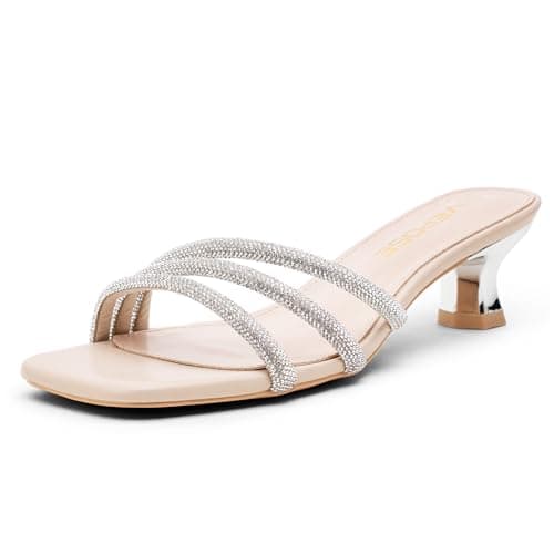 Vepose Women's Nude Strappy Kitten Heels, 2 Inch Low Flared Heel, Sparkly Rhinestone Square Open Toe Mules - Comfortable Dressy Wedding Party Prom Shoes Size 9.5M US (CJY6100 Nude 09.5) - Image 1