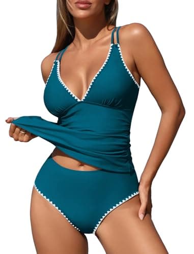 ZAFUL Tankini Tops for Women V Neck Push Up Swim Top Color Block Tummy Control High Waisted Swim Bottom Cheeky Bathing Suits for Women (Malachite Green M) - Image 1