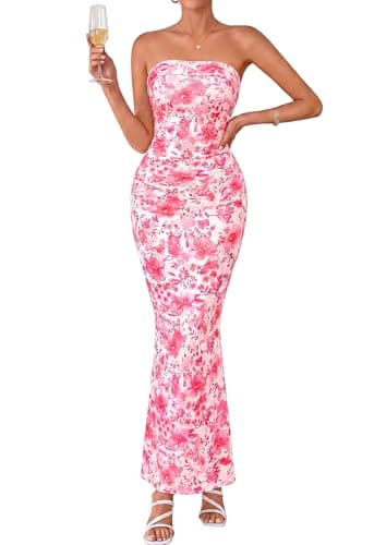PRETTYGARDEN Bodycon Long Dresses for Women 2026 Strapless Tube Summer Floral Maxi Dress Sleeveless Back Slit Beach Outfits (Floral Pink,X-Large) - Image 1