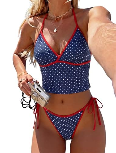 Jillumi Tankini Swimsuits for Women Floral Printed Halter Swimsuits Tie Side Chic Tankini Set Bathing Suits Cute High Cut Two Piece Bikini Sets (Navy Polka Dots XL) - Image 1