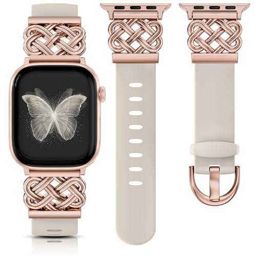 Minyee Celtic Knot Silicone Band Compatible with Apple Watch Band Women 42/38/40/41mm, Cute Soft Sport Designer Fancy Summer Replacement Strap for iWatch Series 11 10 9 8 7 6 5 4 Ultra/SE 3,Rose Gold - Image 1